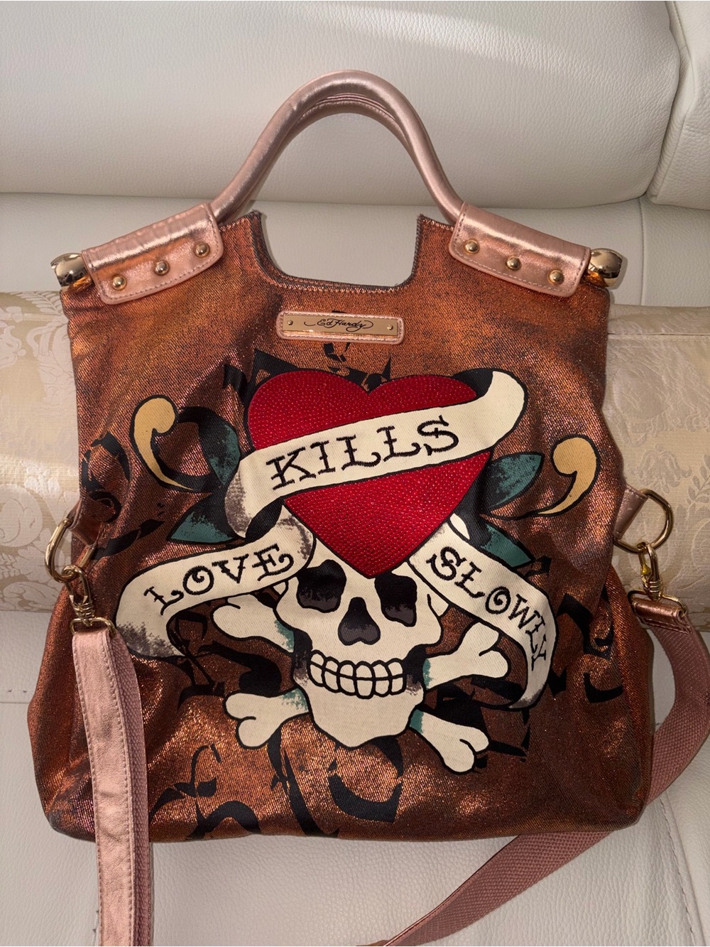 Ed Hardy Metallic Copper Shoulder Bag with Red Heart Skull Graphic